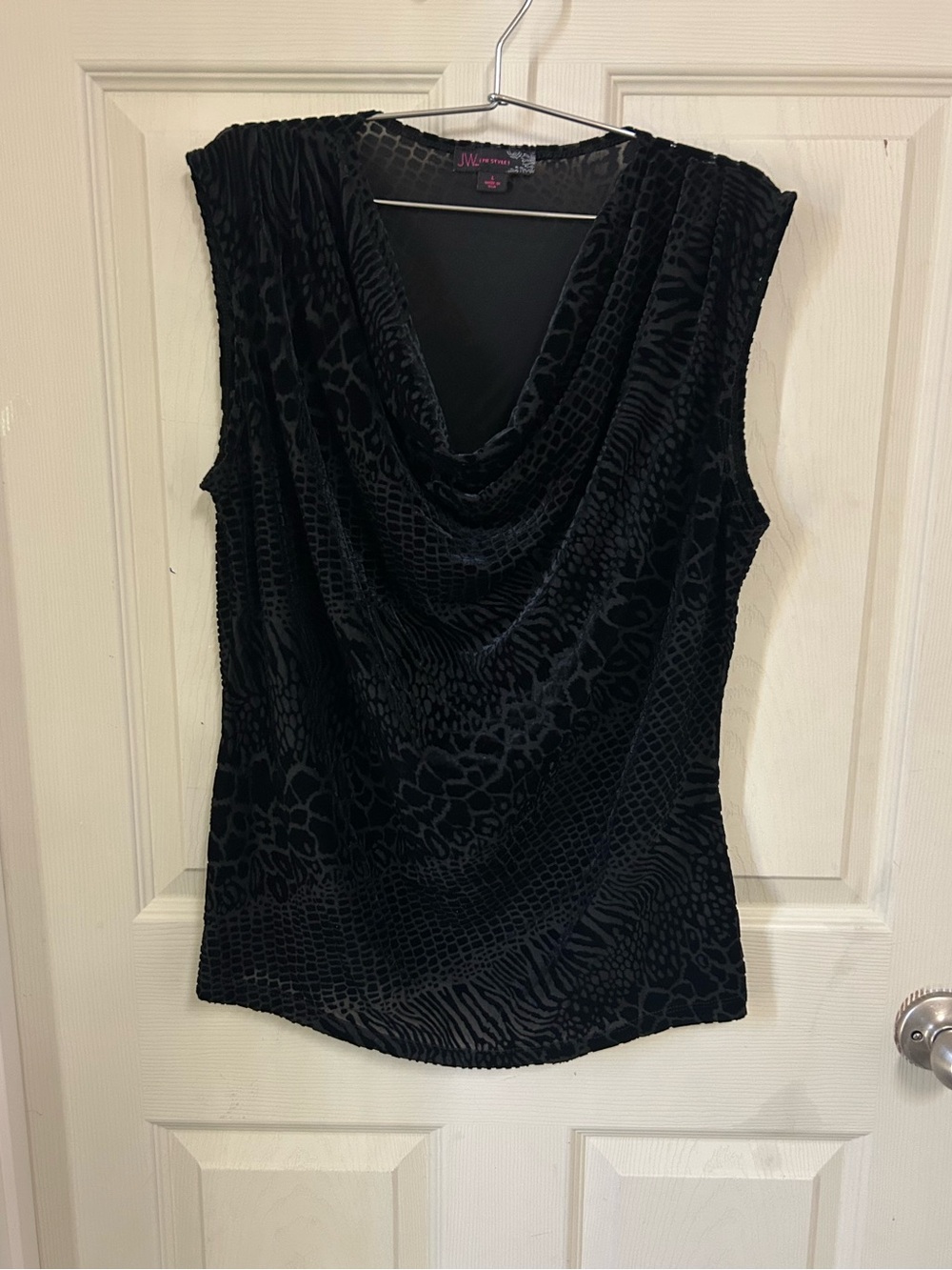 JW Style Black Velvet Burnout Cowl Neck top Size L